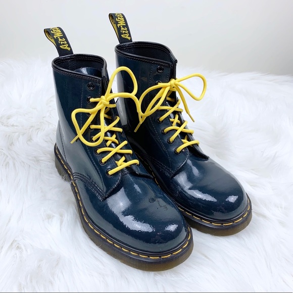 Patent Leather Doc Martens Boots W/ Yellow Laces